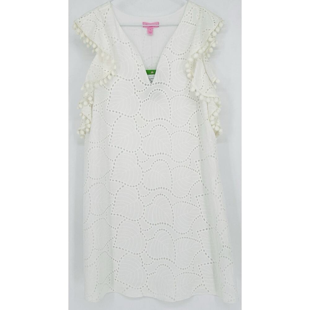 NWT Lily Pulitzer Sz M White Astara Leaf Eyelet Lace V Neck Ruffle Slvls Sheath - Picture 2 of 8
